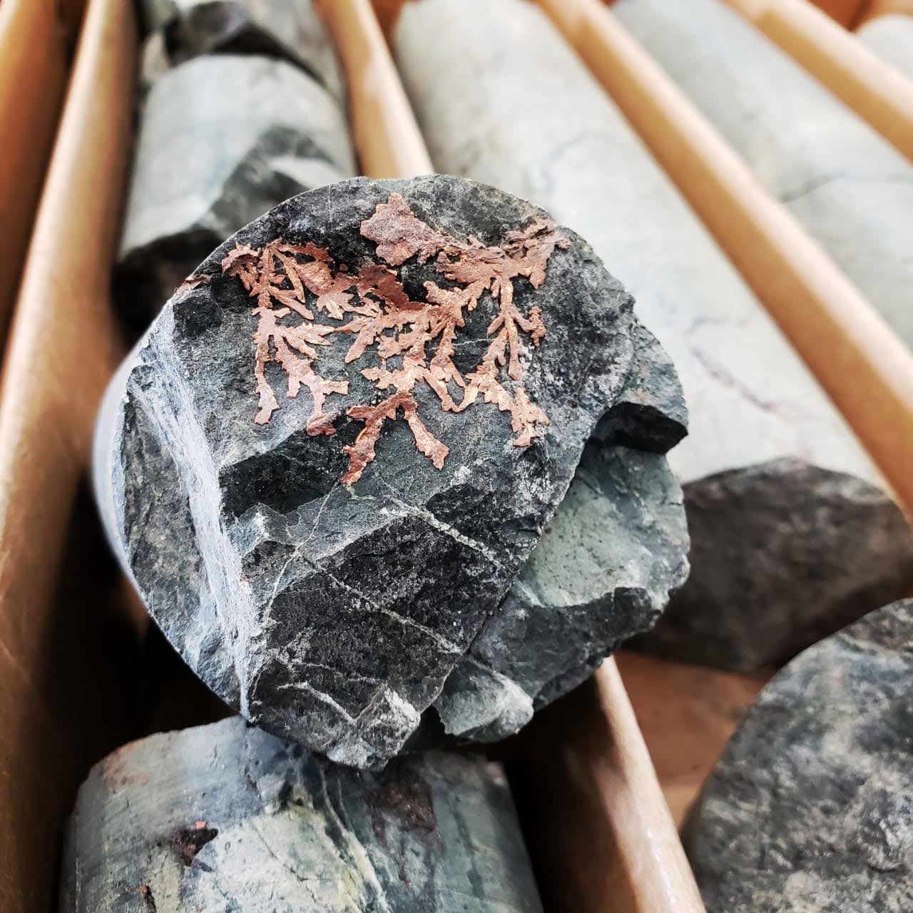 Muestra de sondaje con cobre nativo